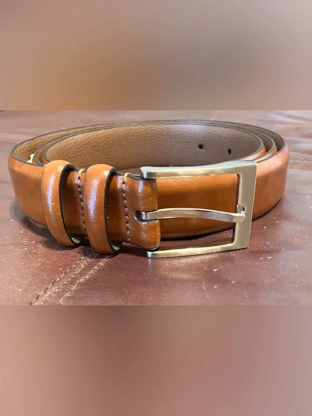Men’s Warehouse Tan Italian Leather 46 Belt with Silver Buckle